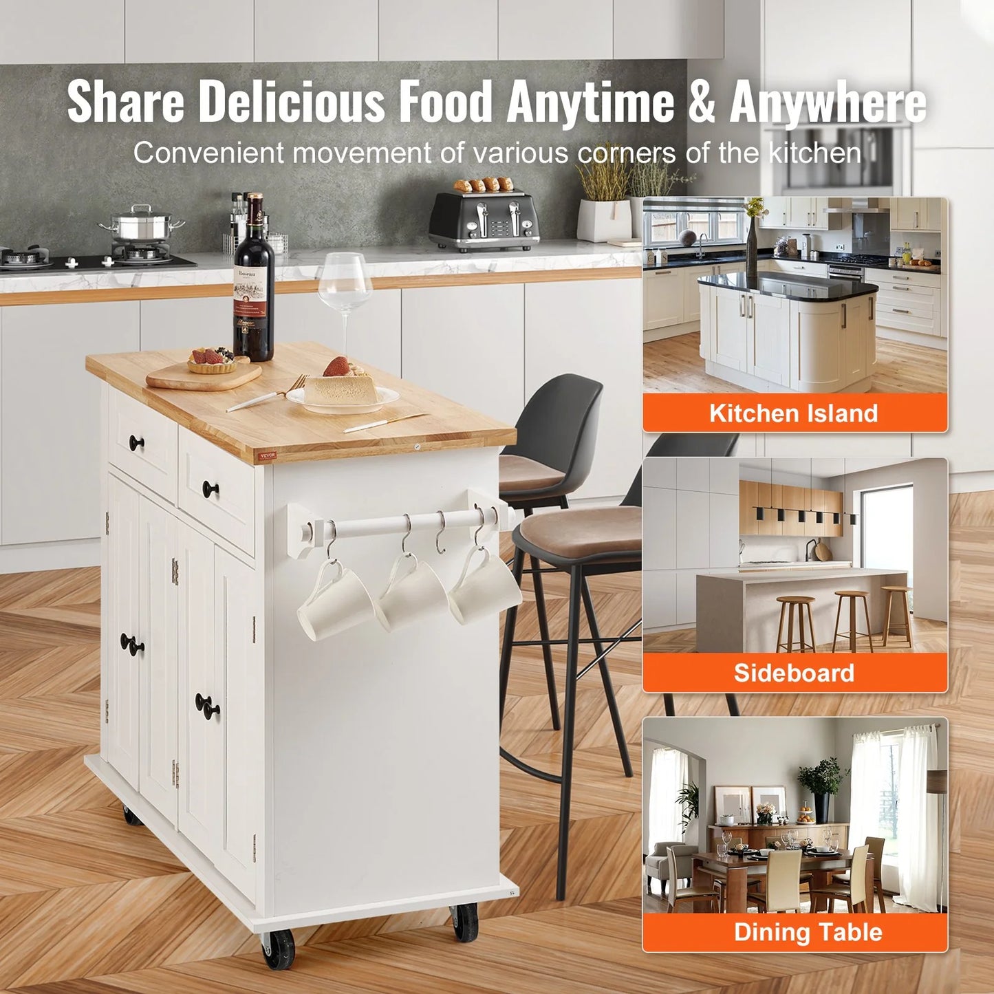 VEVOR Kitchen Island Cart with Solid Wood Top, 35.4 Width Mobile Carts with Storage Cabinet, Rolling Kitchen Table with Spice Rack, Towel Rack, and Drawer, Portable Islands on Wheels, White