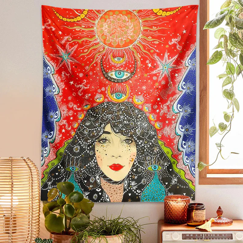 Psychedelic Girl Tapestry Wall Hanging Botanical Celestial Floral Tapestry Hippie Eye Wall Carpets Dorm Decor Starry Skycarpet