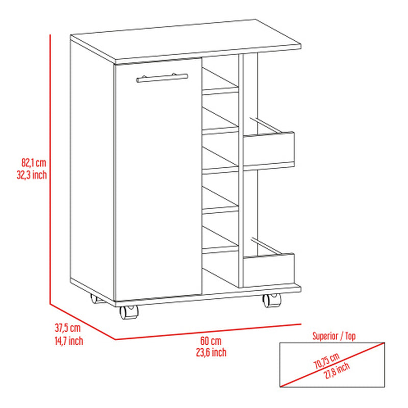 Bar Cart, Two External Shelves, Four Casters, Six Built-In Wine Rack, Single Door Cabinet -Espresso