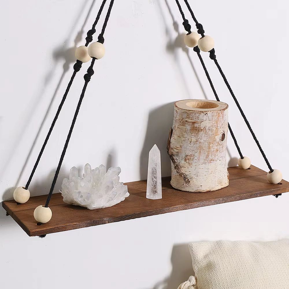 2Pcs Wooden Wall Shelf Wood Beads Macrame Leaf Floating Shelves Nordic Rome Decor Hanging Display Shelf Boho Home Decorations