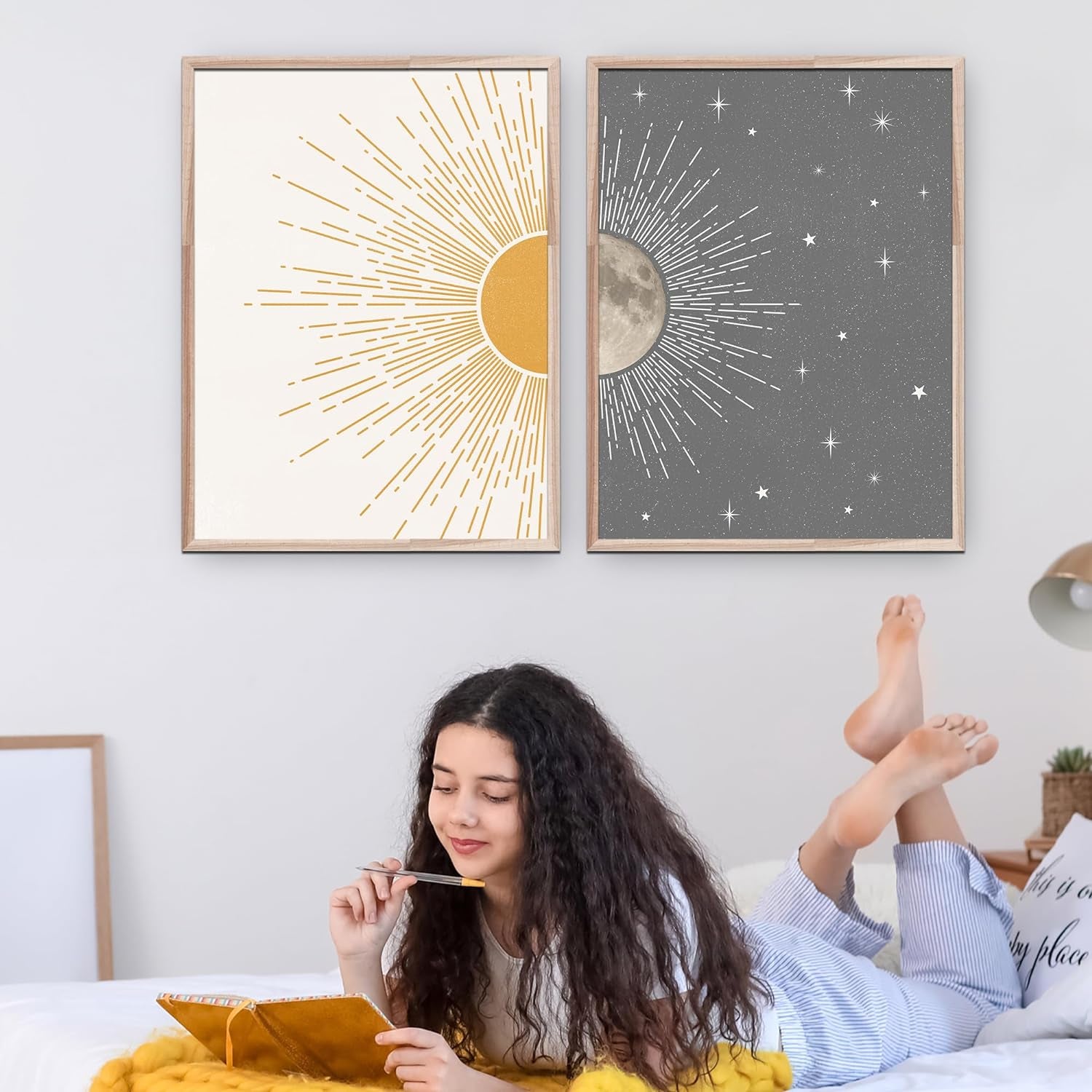 Sun Moon Boho Wall Decor, 2 Set 12X16 Inch Celestial Posters, Mid Century Modern Prints for Wall Art, Wall Decor for Bedroom