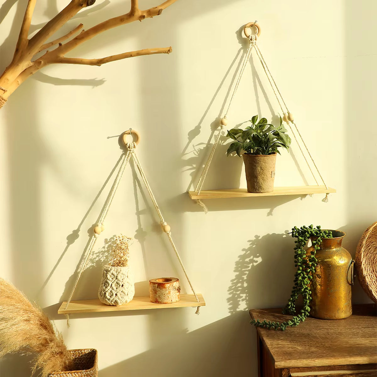 2Pcs Wooden Wall Shelf Wood Beads Macrame Leaf Floating Shelves Nordic Rome Decor Hanging Display Shelf Boho Home Decorations