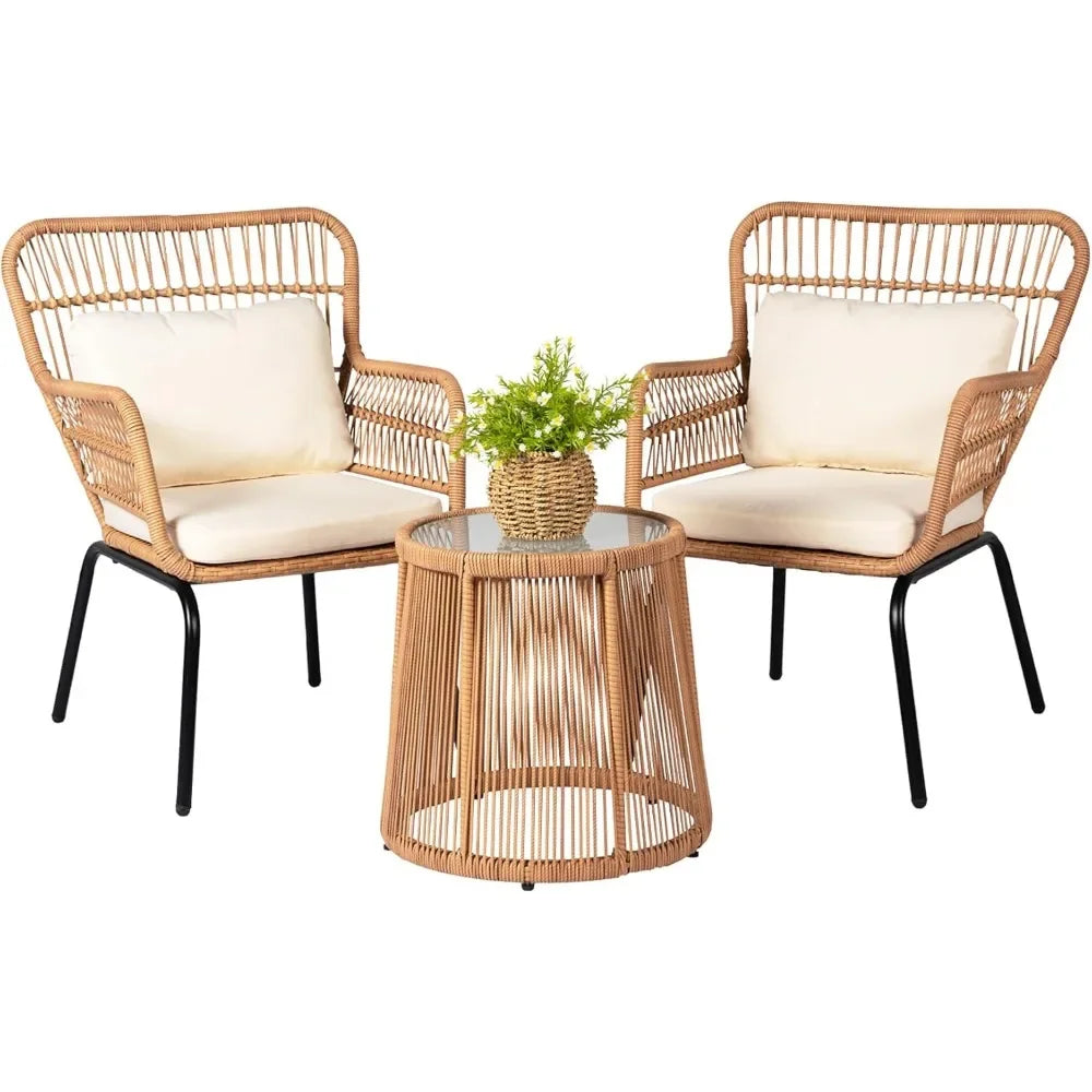 3 Piece Outdoor Wicker Furniture Bistro Set, Rattan Chairs Conversation Sets Porch Furniture, Wicker Patio Furniture