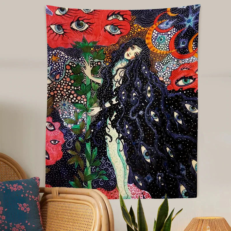 Psychedelic Girl Tapestry Wall Hanging Botanical Celestial Floral Tapestry Hippie Eye Wall Carpets Dorm Decor Starry Skycarpet