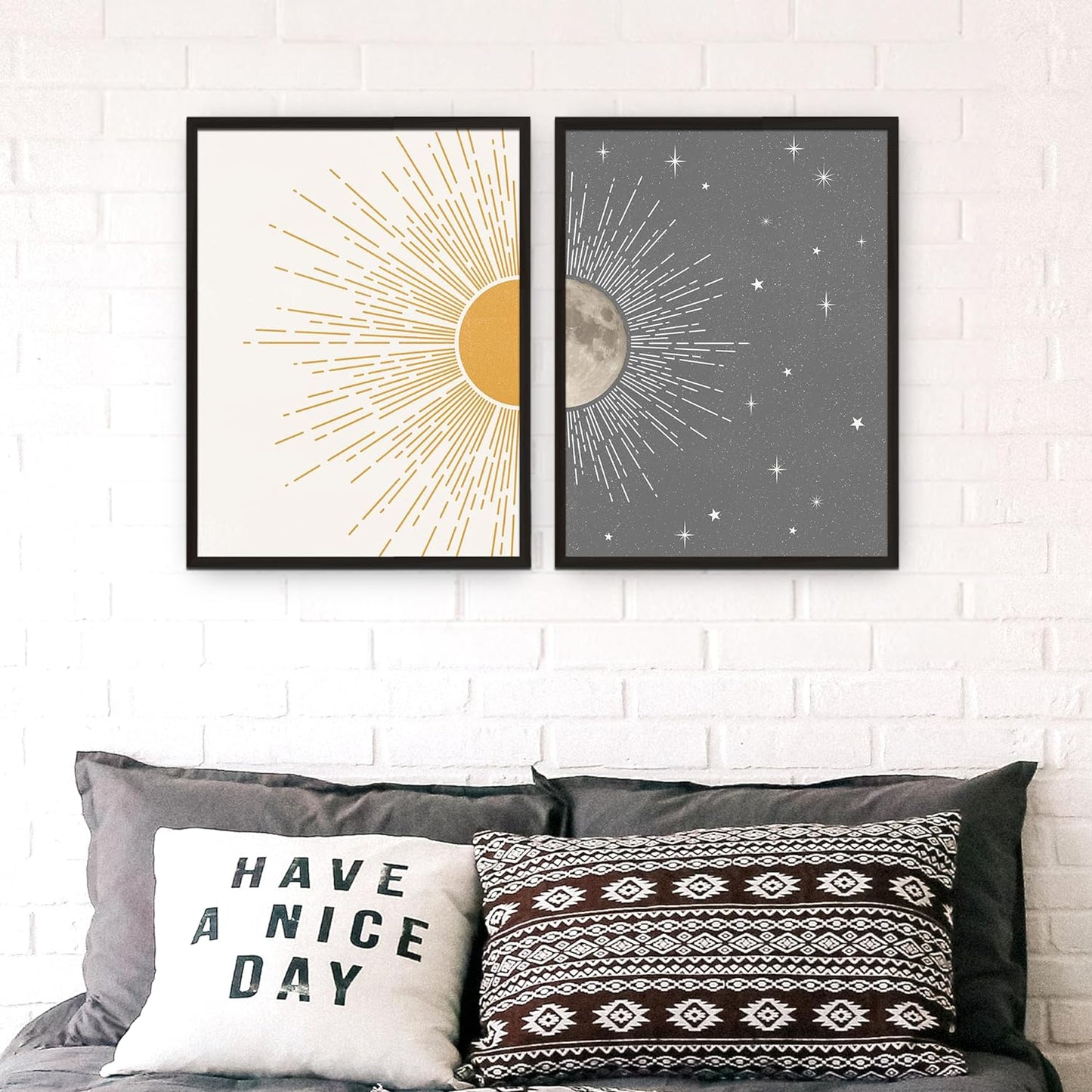 Sun Moon Boho Wall Decor, 2 Set 12X16 Inch Celestial Posters, Mid Century Modern Prints for Wall Art, Wall Decor for Bedroom