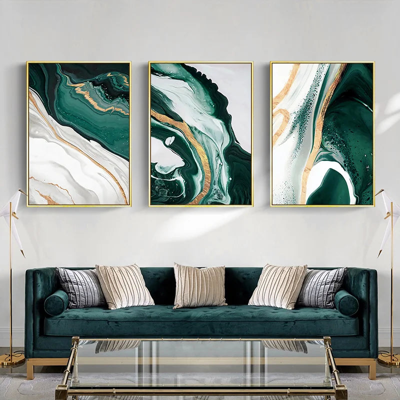 Abstract Green Marble Canvas Poster Prints Golden Foil Art Geometry Wall Picture Painting Living Room Office Decor Aesthetic