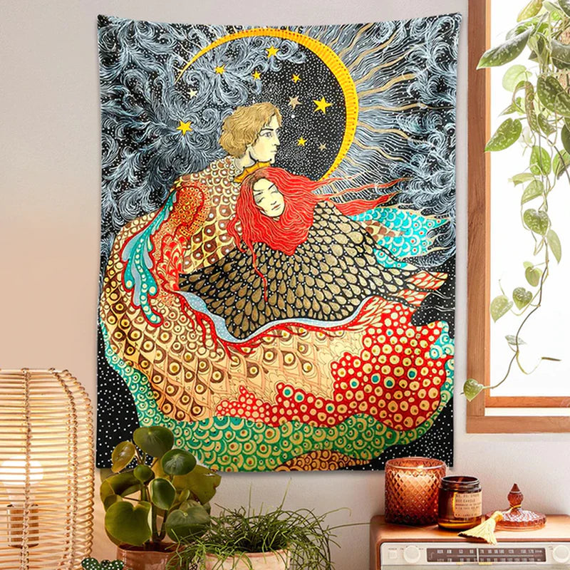 Psychedelic Girl Tapestry Wall Hanging Botanical Celestial Floral Tapestry Hippie Eye Wall Carpets Dorm Decor Starry Skycarpet