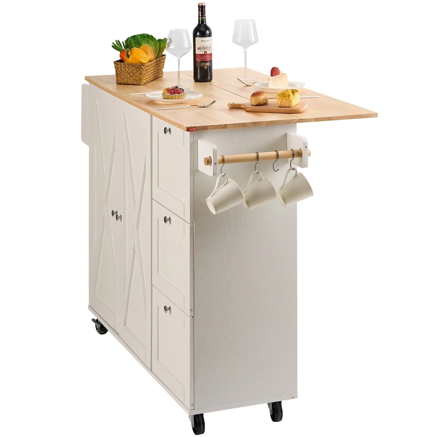 VEVOR Kitchen Island Cart with Solid Wood Top, 45.3 Width Mobile Carts with Storage Cabinet, Rolling Kitchen Table with Spice Rack, Towel Rack, Drop Leaf and Drawer, Portable Islands on Wheels, White