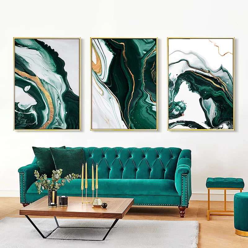 Abstract Green Marble Canvas Poster Prints Golden Foil Art Geometry Wall Picture Painting Living Room Office Decor Aesthetic