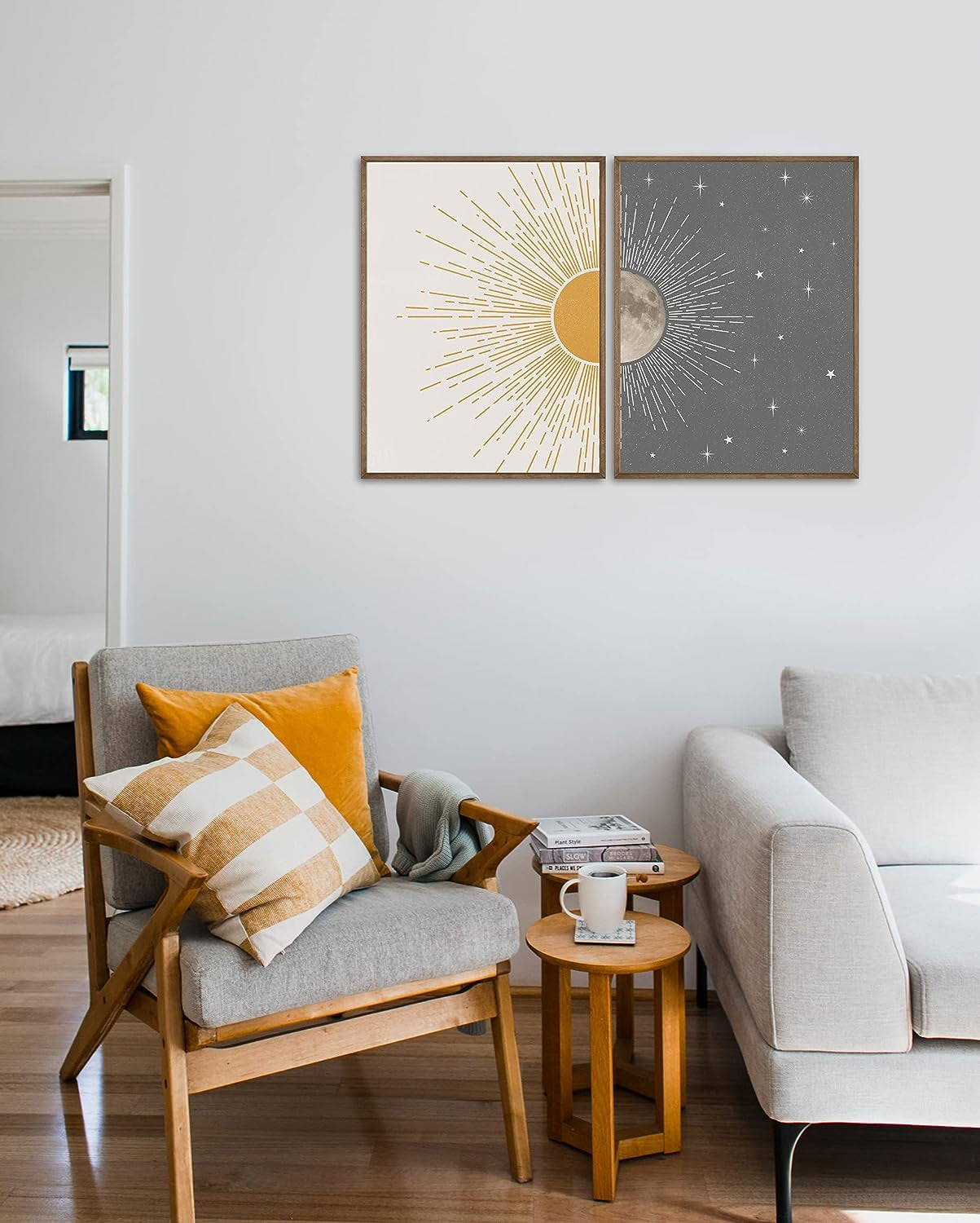 Sun Moon Boho Wall Decor, 2 Set 12X16 Inch Celestial Posters, Mid Century Modern Prints for Wall Art, Wall Decor for Bedroom