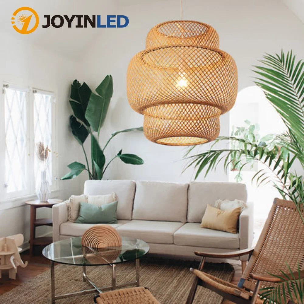 Classic Bamboo Weaving Chandelier Lamp Handmade Pendant Lamp Hanging Led Ceiling Fixtures Rattan Woven Home Bedroom Decors