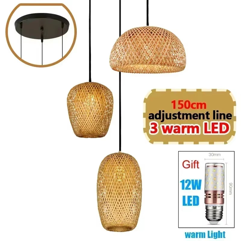 Bamboo Lampshade Led Pendant Lamp Natural Rattan Wicker Ceiling Chandeliers Hand Woven E27 Lighting Fixtures Hanging Light