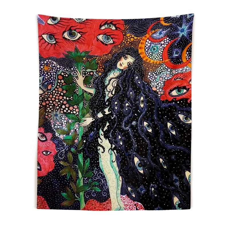 Psychedelic Girl Tapestry Wall Hanging Botanical Celestial Floral Tapestry Hippie Eye Wall Carpets Dorm Decor Starry Skycarpet