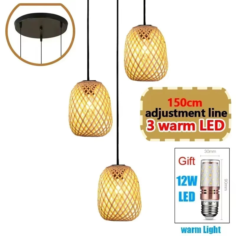 Bamboo Lampshade Led Pendant Lamp Natural Rattan Wicker Ceiling Chandeliers Hand Woven E27 Lighting Fixtures Hanging Light